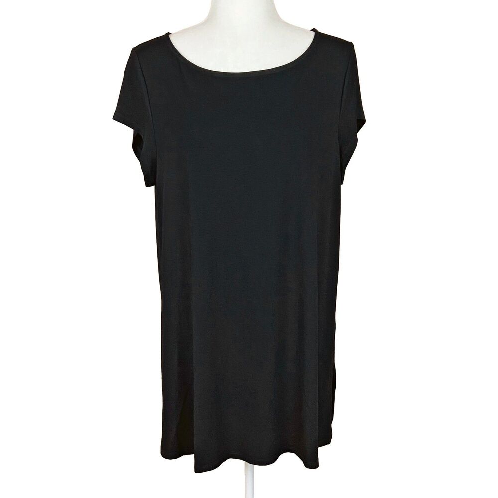 Eileen Fisher Short Sleeve Tunic Size L Black Jersey Stretch Knit Minimalist